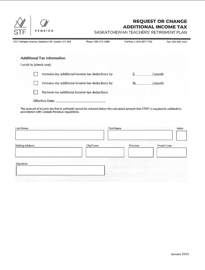 Strtp Forms STRP Request or Change Additional Income Tax - Saskatchewan Teachers ...