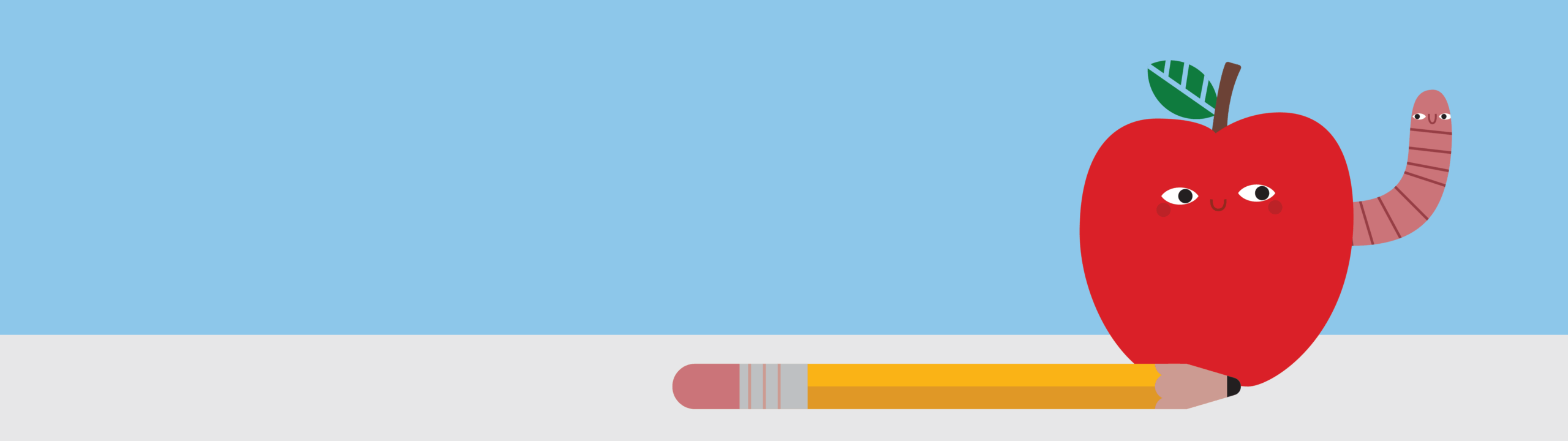 An illustration of a red apple with a worm peeking out sits on a table beside a yellow HB pencil.