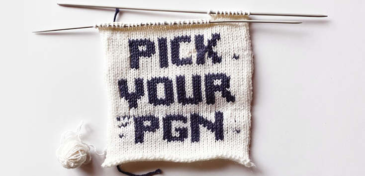 A knitted piece of fabric reading Pick Your PGN hangs from a pair of knitting needles