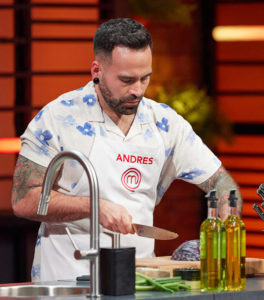 Andres Araneda preparing ingredients on the set of CTV’s MasterChef Canada. 